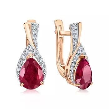 Золотые серьги с бриллиантами природными и рубинами выращенными