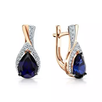 Золотые серьги с бриллиантами природными и сапфирами выращенными