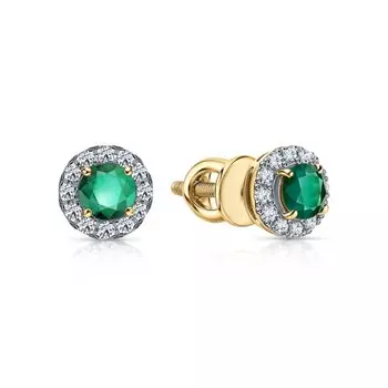 Золотые серьги с бриллиантами природными и изумрудами природными
