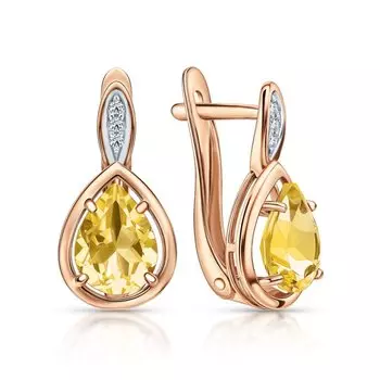 Золотые серьги с бриллиантами природными и цитринами природными