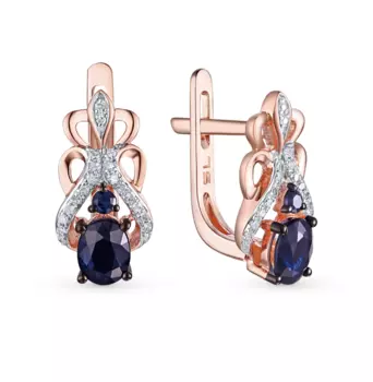 Золотые серьги с бриллиантами природными и сапфирами природными