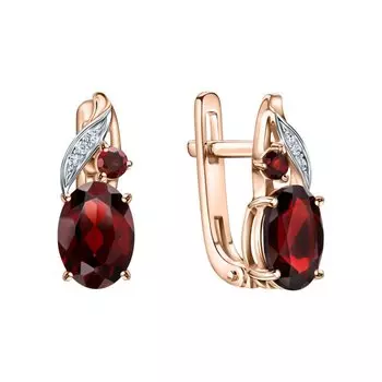 Золотые серьги с бриллиантами природными и гранатами природными