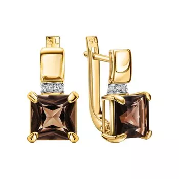 Золотые серьги с бриллиантами природными и кварцами дымчатыми природными