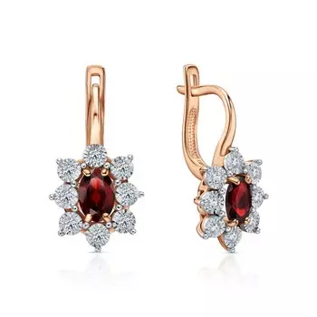 Золотые серьги с бриллиантами природными и гранатами природными