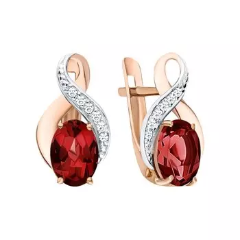 Золотые серьги с бриллиантами природными и гранатами природными