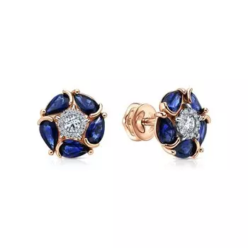 Золотые серьги с бриллиантами природными и сапфирами природными