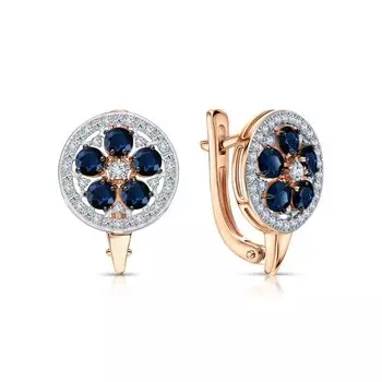 Золотые серьги с бриллиантами природными и сапфирами выращенными