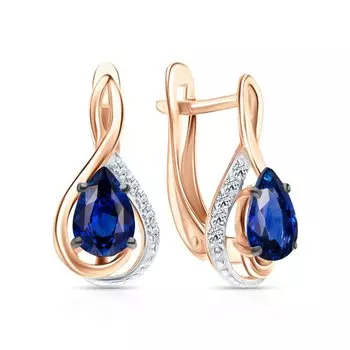 Золотые серьги с бриллиантами природными и сапфирами выращенными