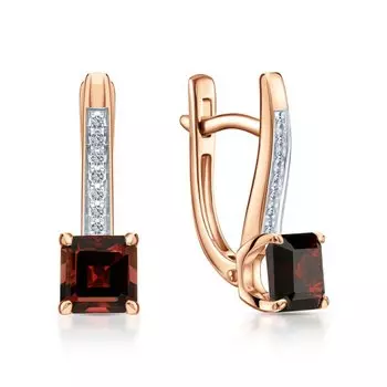 Золотые серьги с бриллиантами природными и гранатами природными