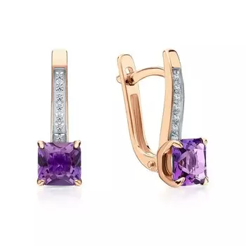Золотые серьги с бриллиантами природными и аметистами природными