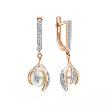 Золотые серьги с бриллиантами природными и жемчугами природными культивированными