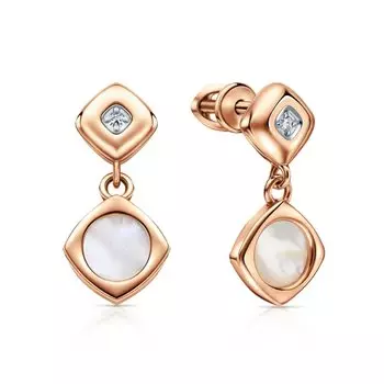 Золотые серьги с бриллиантами природными и перламутром природным