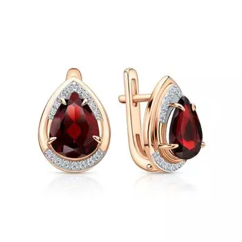 Золотые серьги с бриллиантами природными и гранатами природными