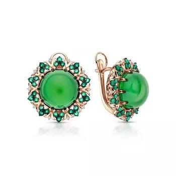 Золотые серьги с бриллиантами природными, изумрудами природными и агатами природными