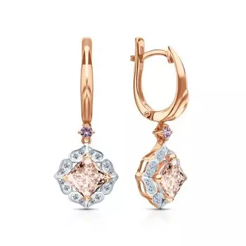 Золотые серьги с бриллиантами природными, морганитами природными и сапфирами природными