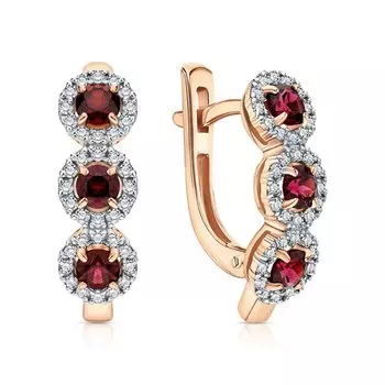 Золотые серьги с бриллиантами природными, родолит и родолит природными