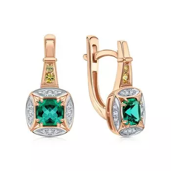 Золотые серьги с бриллиантами природными, сапфирами природными и изумрудами выращенными