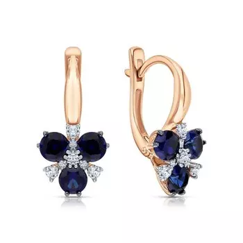 Золотые серьги с бриллиантами природными, сапфирами выращенными и сапфирами природными