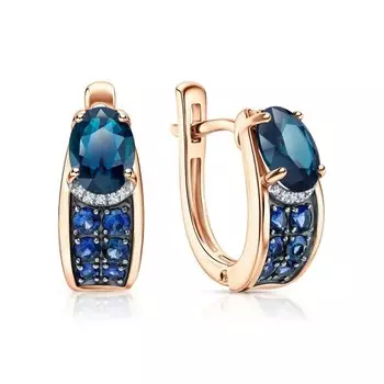 Золотые серьги с бриллиантами природными, топазами природными и сапфирами природными