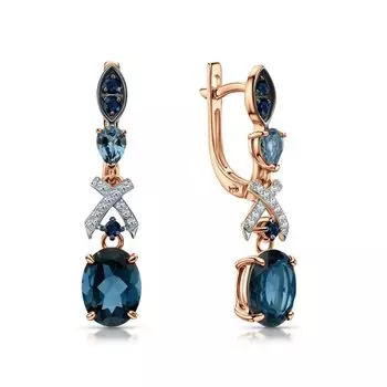 Золотые серьги с бриллиантами природными, топазами природными и сапфирами природными