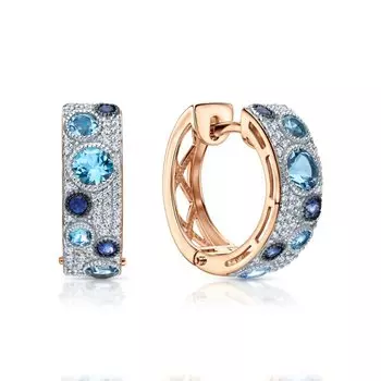 Золотые серьги с бриллиантами природными, топазами природными и сапфирами природными