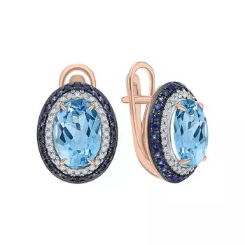 Золотые серьги с бриллиантами природными, топазами природными и сапфирами природными