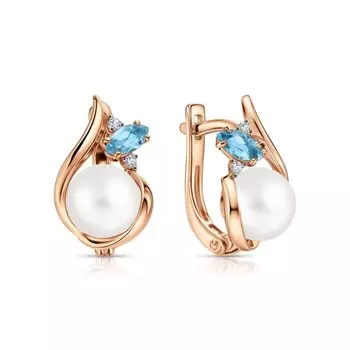 Золотые серьги с бриллиантами природными, жемчугом и топазами природными