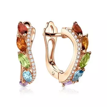 Золотые серьги с цитринами, гранатами, фианитами, топазами, аметистами и хризолитами