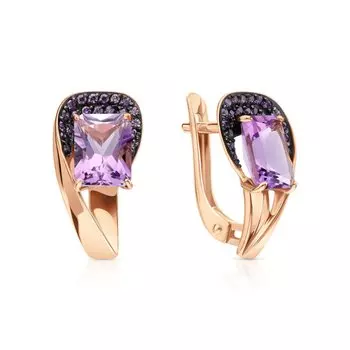 Золотые серьги с фианитами и аметистами природными