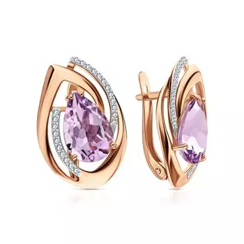 Золотые серьги с фианитами и аметистами природными