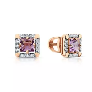 Золотые серьги с фианитами и аметистами природными