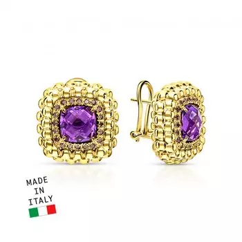 Золотые серьги с фианитами и аметистами синтетическими