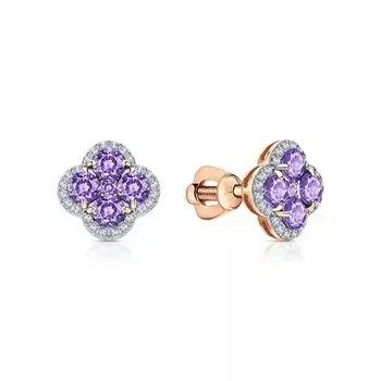 Золотые серьги с фианитами и аметистами природными