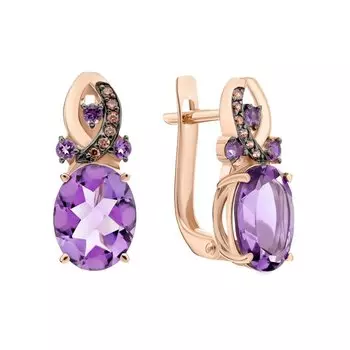 Золотые серьги с фианитами и аметистами природными