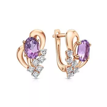 Золотые серьги с фианитами и аметистами природными