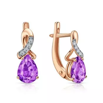 Золотые серьги с фианитами и аметистами природными