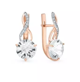 Золотые серьги с фианитами и горными хрусталями природными