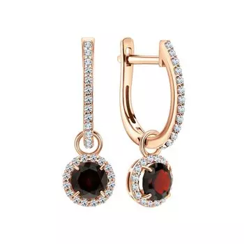 Золотые серьги с фианитами и гранатами природными