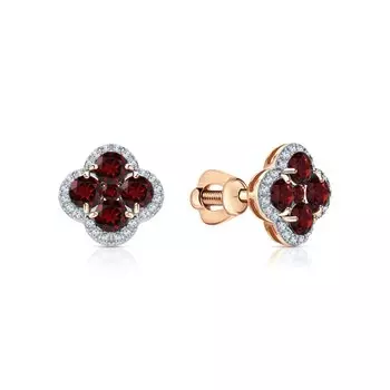 Золотые серьги с фианитами и гранатами природными