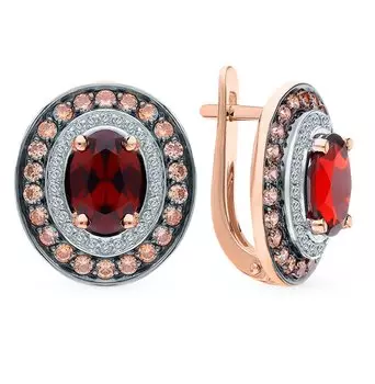 Золотые серьги с фианитами и гранатами природными