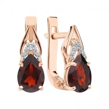 Золотые серьги с фианитами и гранатами природными