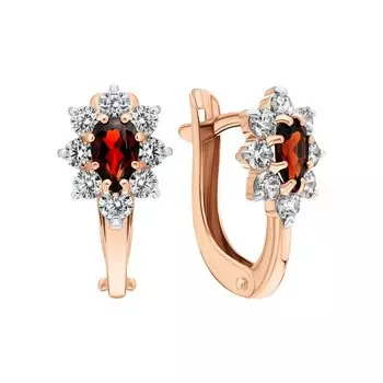 Золотые серьги с фианитами и гранатами природными