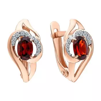 Золотые серьги с фианитами и гранатами природными