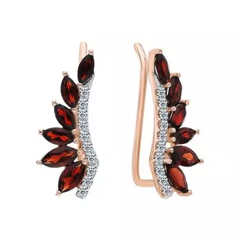 Золотые серьги с фианитами и гранатами природными