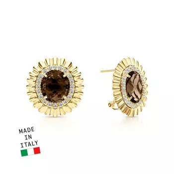 Золотые серьги с фианитами и кварцами дымчатыми синтетическими