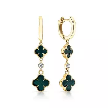 Золотые серьги с фианитами и малахитом природным