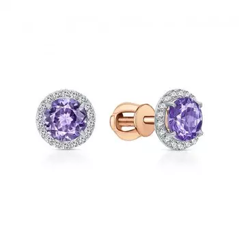 Золотые серьги с фианитами и наноситалами танзанит