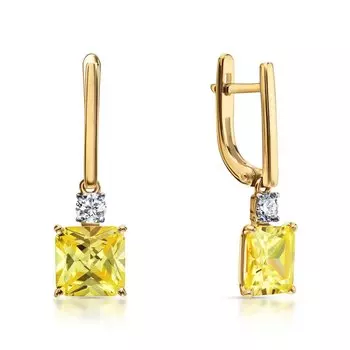 Золотые серьги с фианитами и наноситаллом лимонный кварц