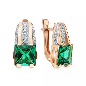 Золотые серьги с фианитами и наноситаллом изумруд