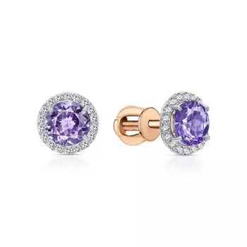 Золотые серьги с фианитами и наноситаллом танзанит